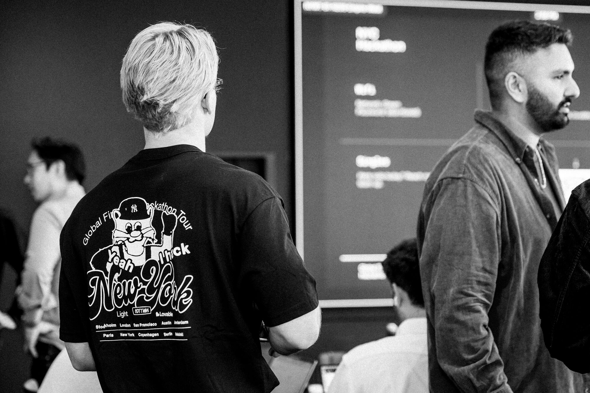 The Global Finance Hackathon Tour tee, New York among the ten cities on the back